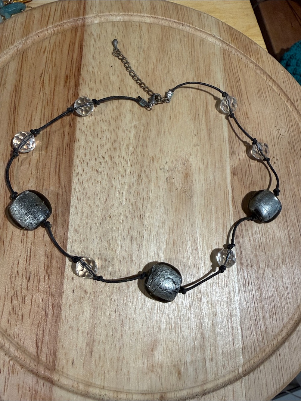 Black Cord Necklace with Silver Glass Beads – Women's Fashion Necklace